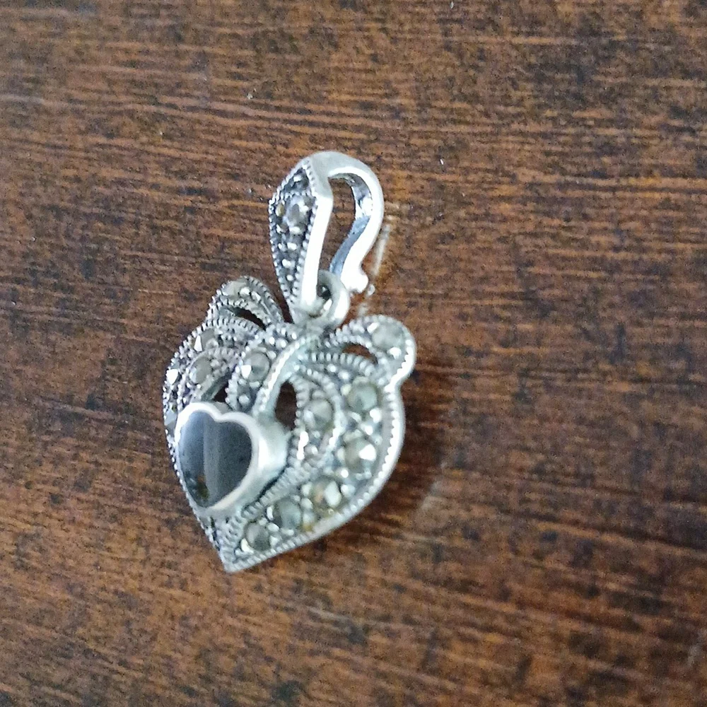 Vintage Sterling Silver Black Onyx Heart Marcasite Heart Pendant